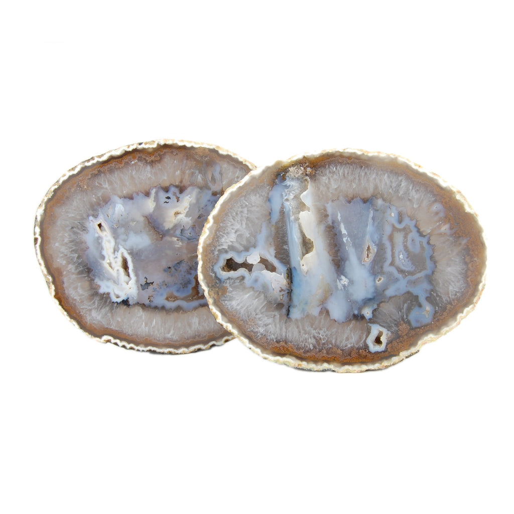 Tranches jumelles épaisses en agate bleue et grise avec présence de cristal de roche