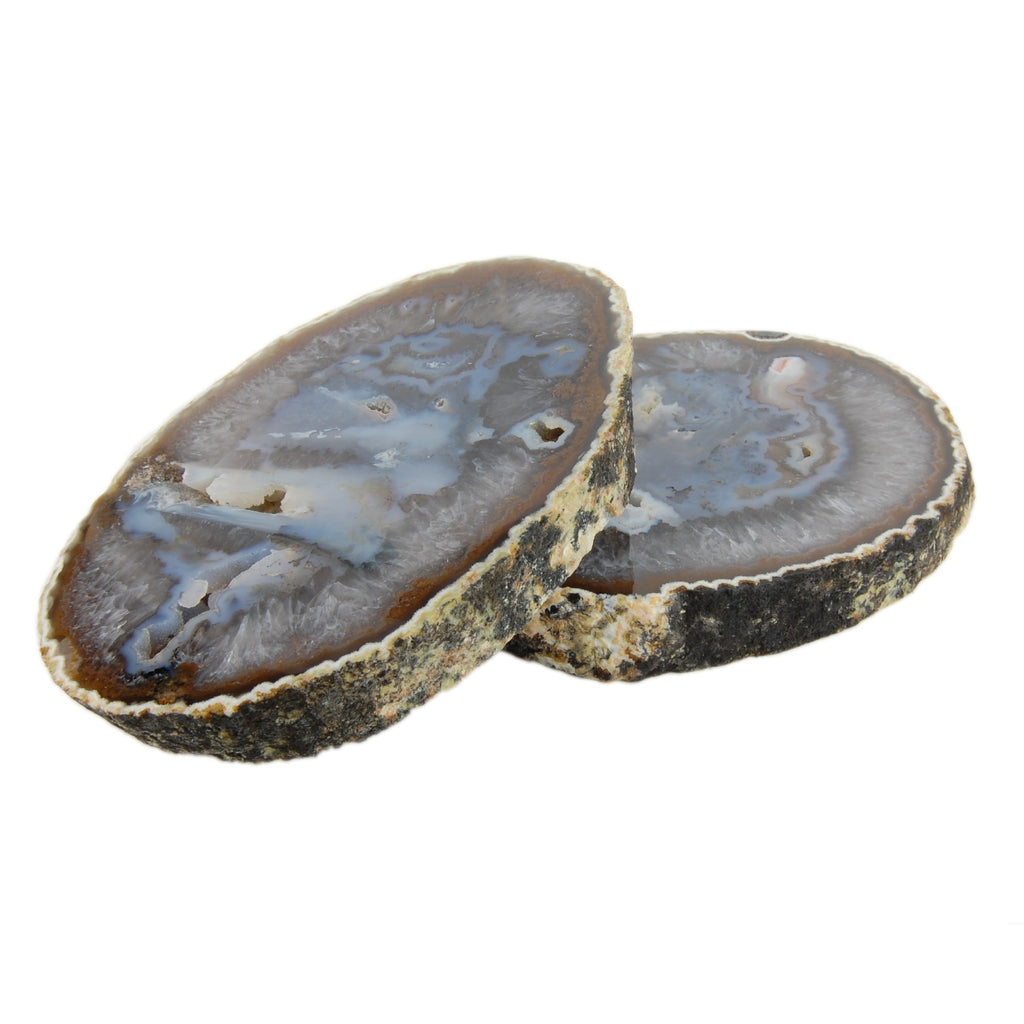 Tranches jumelles épaisses en agate bleue et grise avec présence de cristal de roche